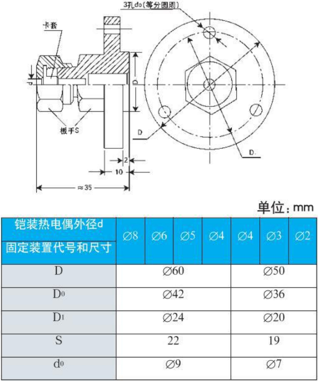 锅炉用热电偶法兰安装尺寸图